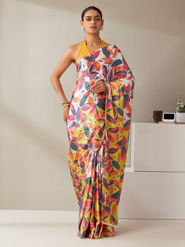 Red satin floral saree from the Garden Vareli archive